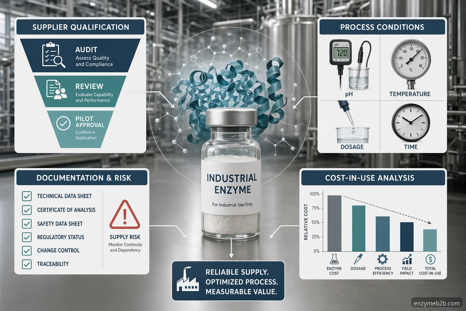 مخطط معلوماتي لسوق enzyme supplier الصناعي يوضح التوريد، ملاءمة العملية، التوثيق، وفحوصات تكلفة الاستخدام