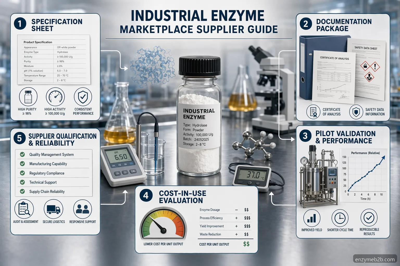 enzymes supplier infografik for Industrial Enzyme Marketplace Supplier Guide, der sammenligner specifikationer, dokumenter, pilottests og kvalificering