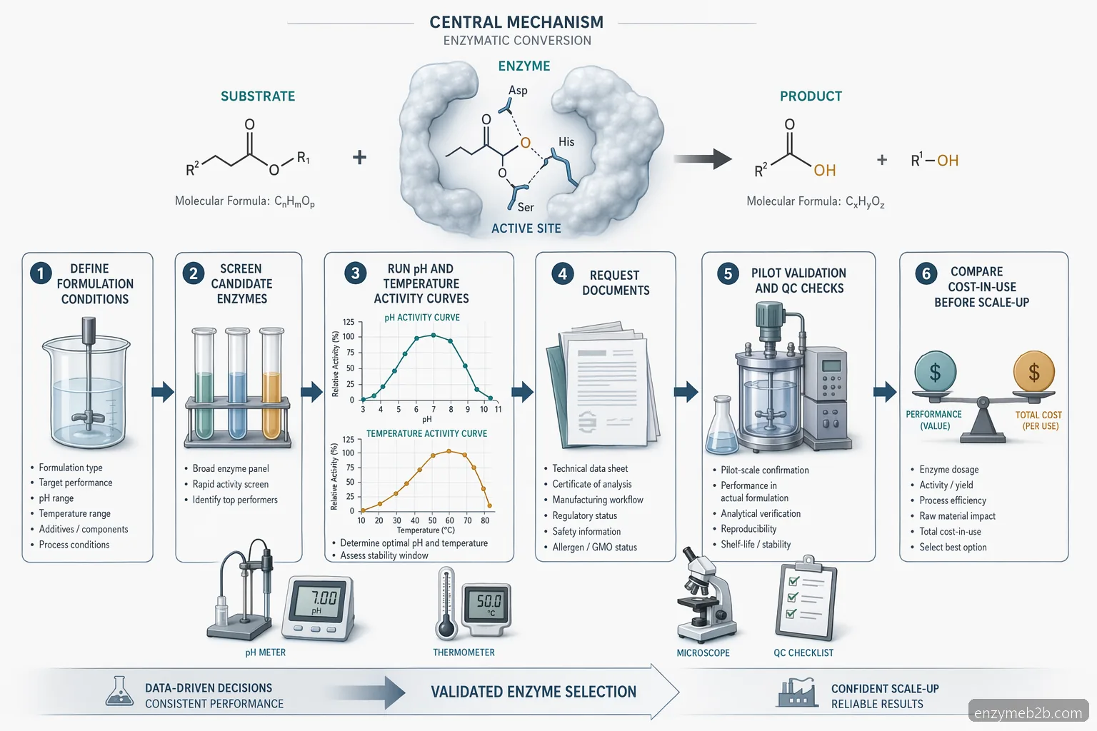 industrial enzymes supplier selection схема, свързваща pH и temperature trials с activity, QC validation и scale-up risk