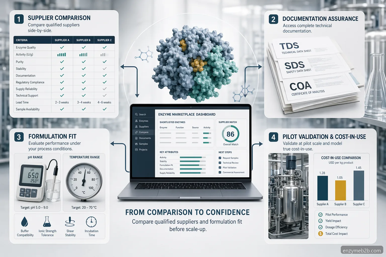 industrial enzymes supplier marketplace за формулации, с сравнение на доставчици, документи, QC и проверки на cost-in-use